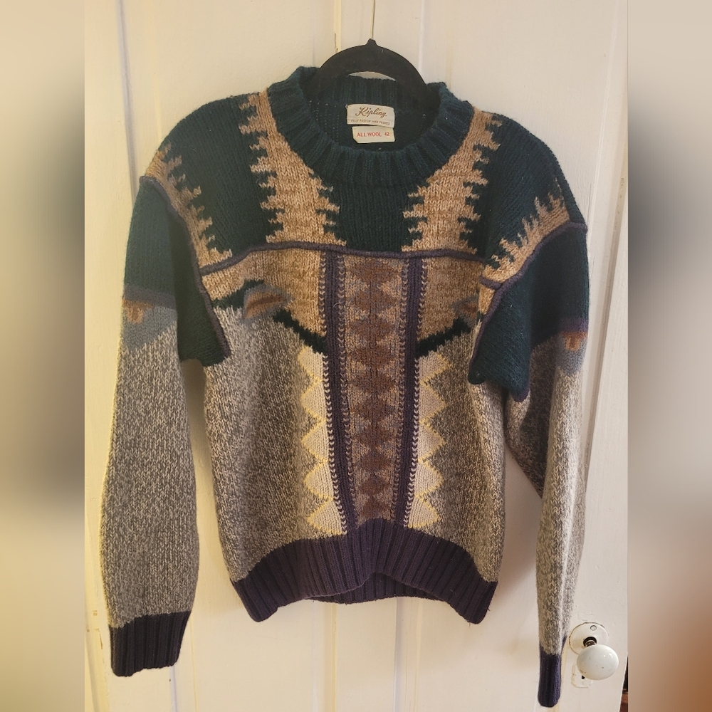 Kipling Men's Geometric Wool Knit Sweater - Green, Beige, and Purple.
